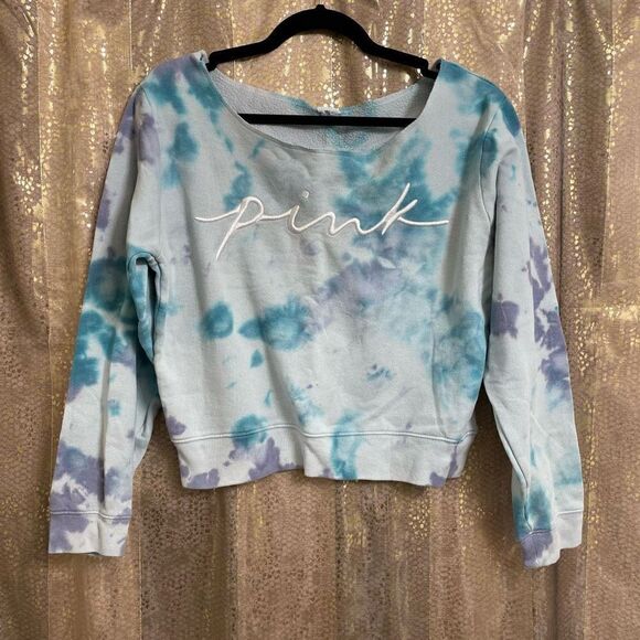 PINK Victorias Secret Blue Tie Dye Off The Shoulder Sweatshirt S/M - Picture 1 of 3